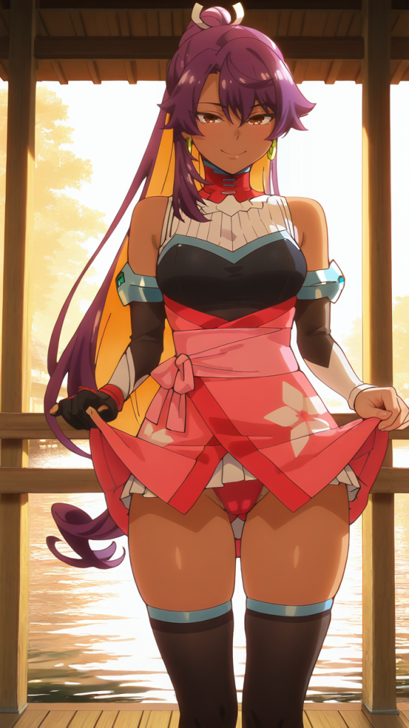 Reバース ユラ: immagine erotica anime. Ragazza con capelli viola e abito rosa. Onmyou Kaiten.