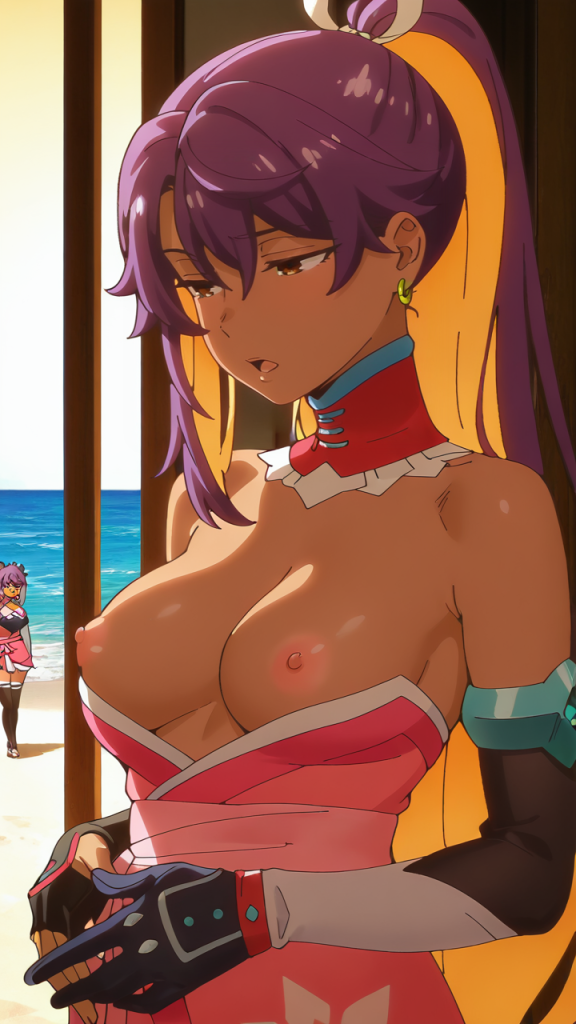 Reバース ユラ: immagine erotica anime, ragazza prosperosa con capelli viola e abito rosa.