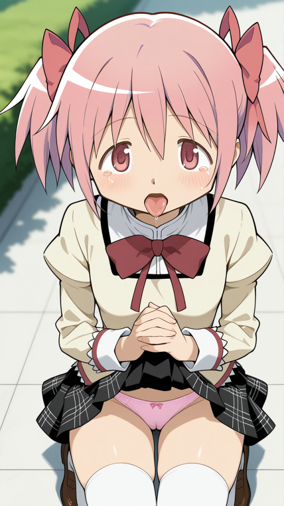 Kaname Madoka (魔法少女まどか☆マギカ). Faccia da blowjob, anime girl in lingerie rosa.