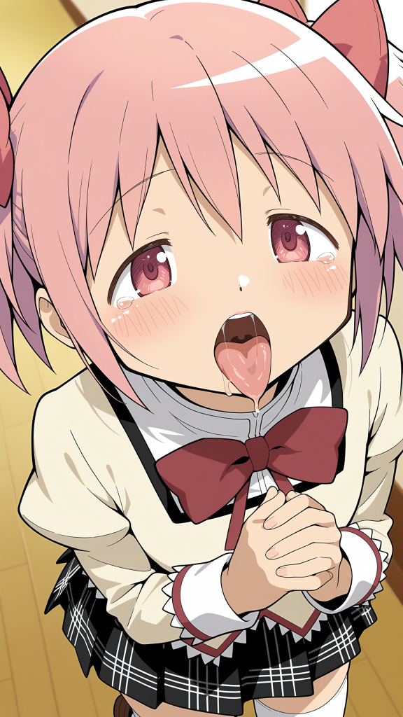 Kaname Madoka (魔法少女まどか☆マギカ) in stile anime. Espressione facciale intensa.