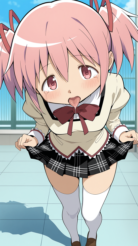 Madoka Kaname (魔法少女まどか☆マギカ) in stile anime, viso in primo piano. Eroguro.