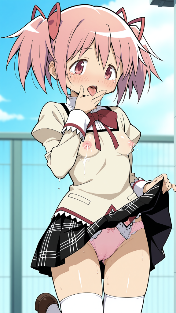 Kaname Madoka (魔法少女まどか☆マギカ) in posa erotica. Anime girl con espressione di piacere.