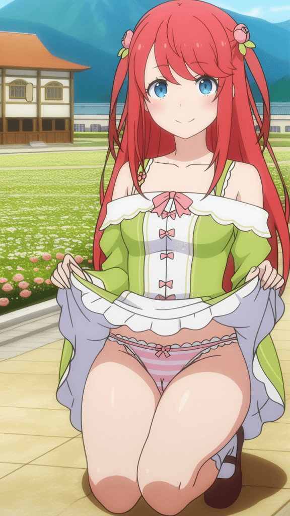 Theresia Van Astrea (Re:Zero) alza la gonna. Anime girl con capelli rossi e occhi azzurri.