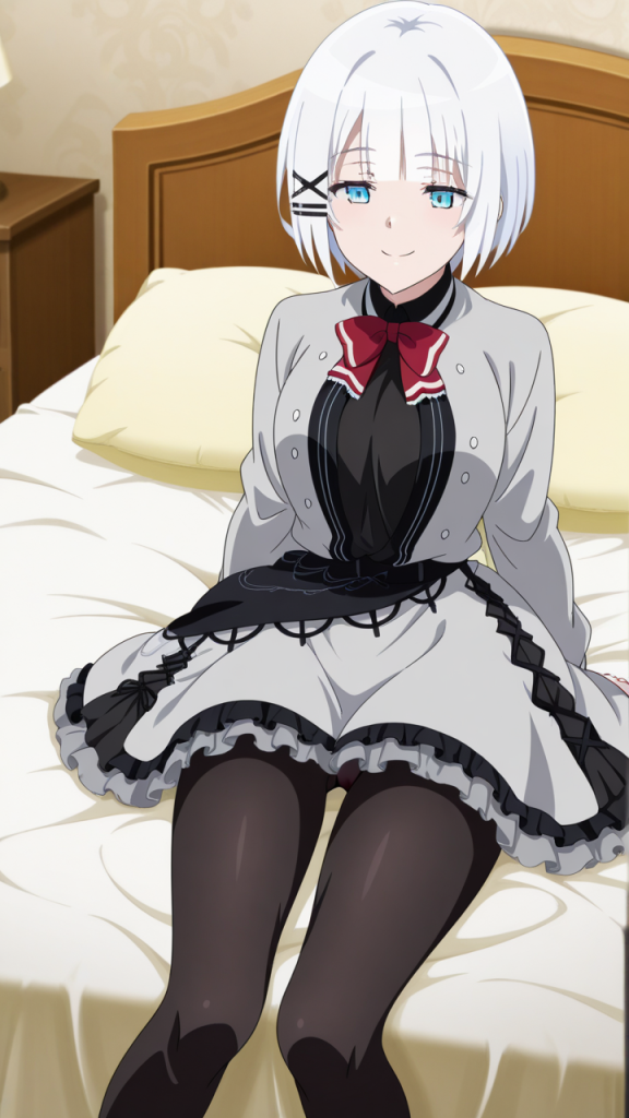 Siesta da 探偵はもう、死んでいる。 anime. Ragazza dai capelli bianchi con occhi azzurri seduta sul letto.