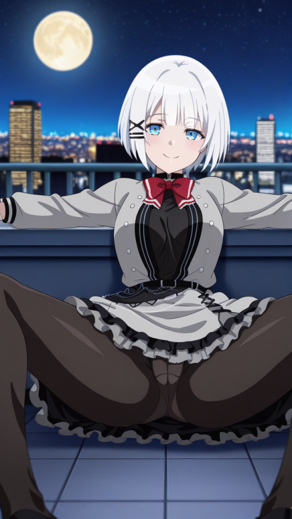 Siesta di 探偵はもう、死んでいる。 anime. Ragazza dai capelli bianchi, luna piena, vista notturna.