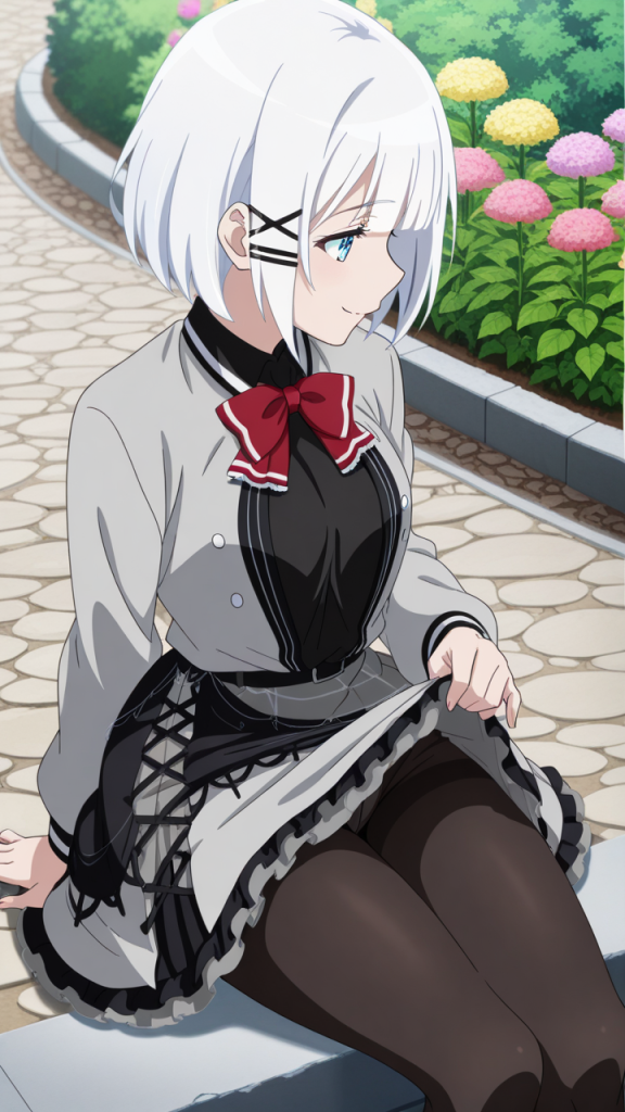 Siesta da 探偵はもう、死んでいる。 anime. Ragazza dai capelli bianchi con fiocco rosso.