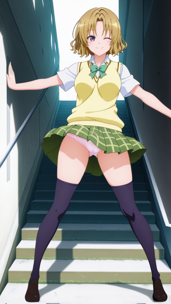 Risa Momioka di To LOVE-Ru ammicca, gonna sollevata. Anime girl in divisa scolastica. Immagine erotica.