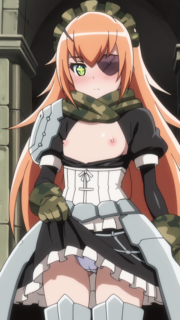 エロ画像 オーバーロード シズ・デルタ: Anime girl con benda sull'occhio, uniforme da cameriera e armatura.