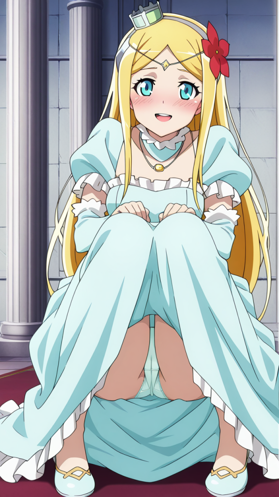 Overlord Renner erotica: principessa bionda in abito azzurro, corona e fiore rosso. Anime hentai.