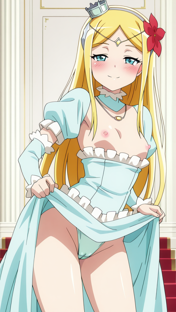 Overlord Renner anime: ragazza bionda in abito azzurro, corona e fiore rosso. Contenuti erotici.