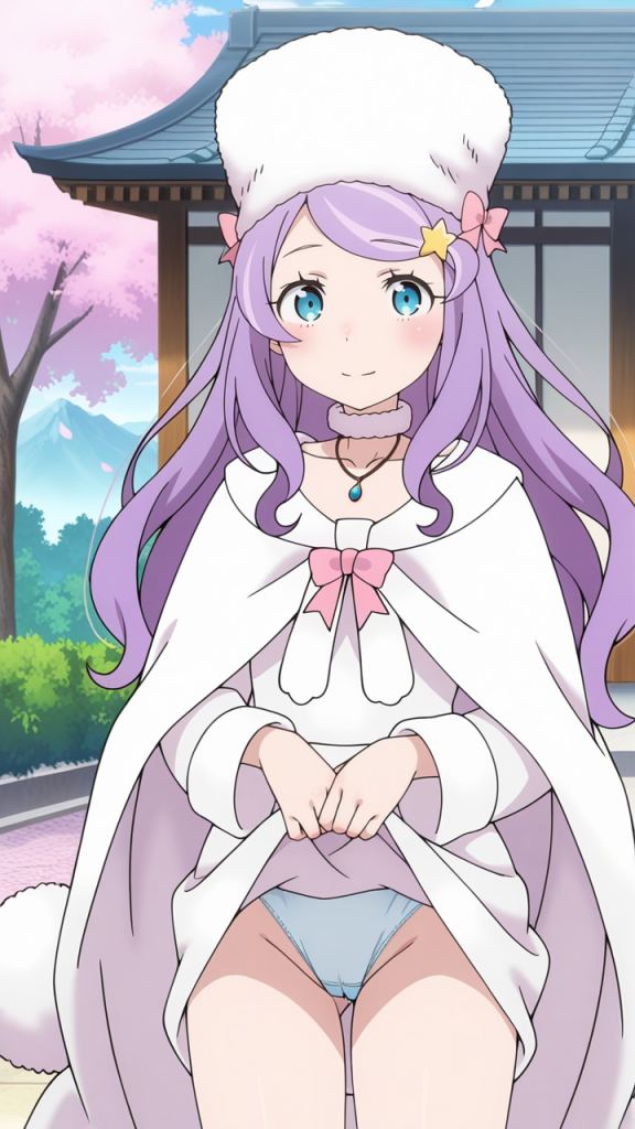 Anastasia Hoshin di Re:Zero. Anime girl con capelli viola e occhi azzurri. Cappotto bianco e cappello di pelliccia.