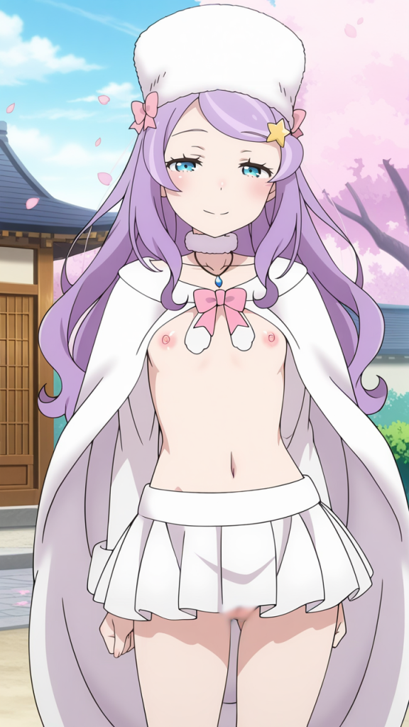 Ero Anastasia Hoshin (Re:Zero). Anime girl con capelli viola, cappello bianco, e abbigliamento succinto.
