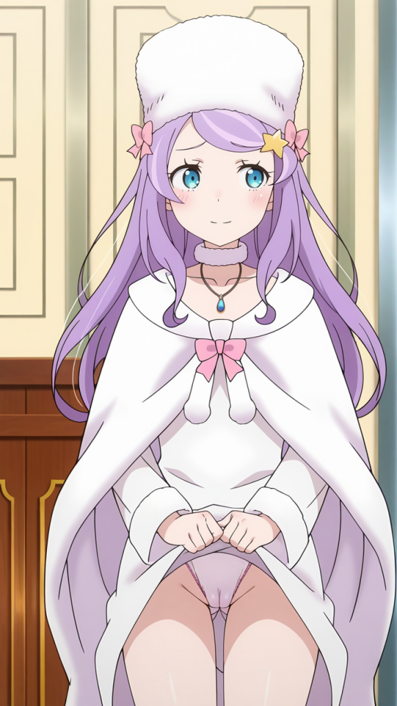 Anastasia Hoshin Re:Zero, lingerie. Personaggio anime con cappello e capelli viola.