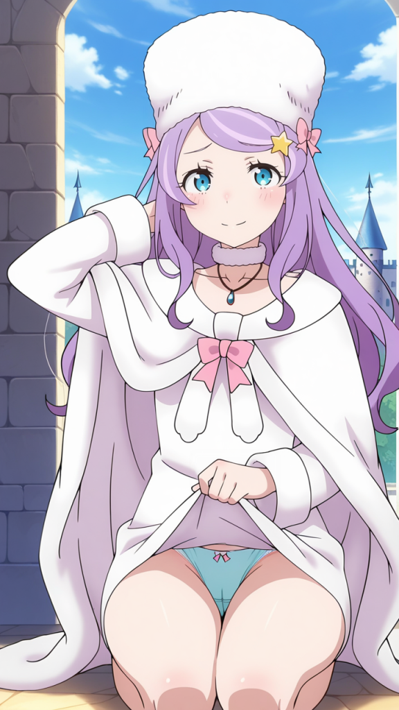 Re:Zero Anastasia Hoshin. Anime girl con cappello, capelli lilla e occhi azzurri. Intimo azzurro.