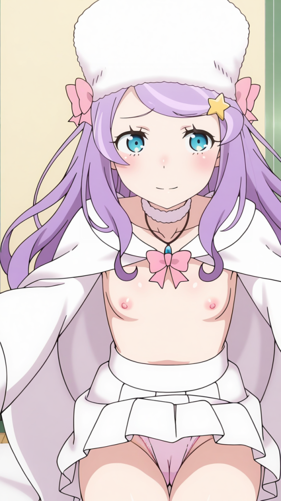 Re:Zero Anastasia Hoshin, immagine erotica anime. Ragazza con capelli viola, cappello bianco e fiocco rosa.