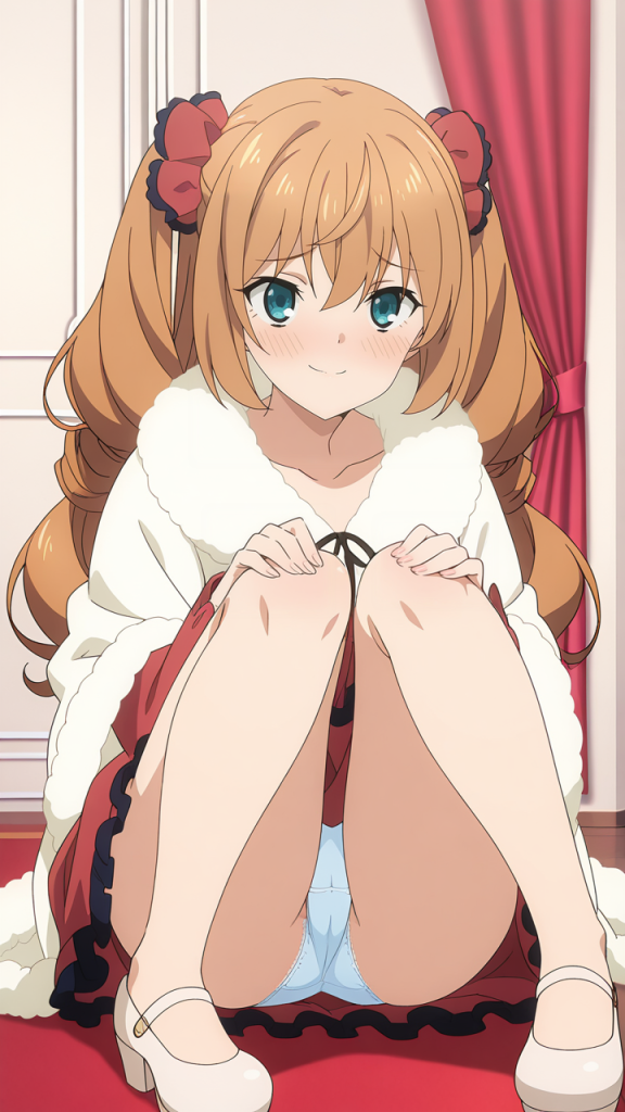Isabelle Norton (Silent Witch). Anime girl con codini, vestito rosso e pelliccia bianca.
