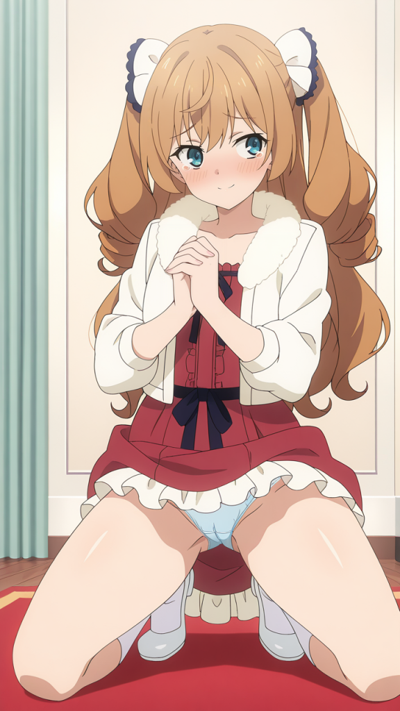 Isabelle Norton (Silent Witch). Anime erotico: ragazza in ginocchio, vestito rosso, capelli biondi.