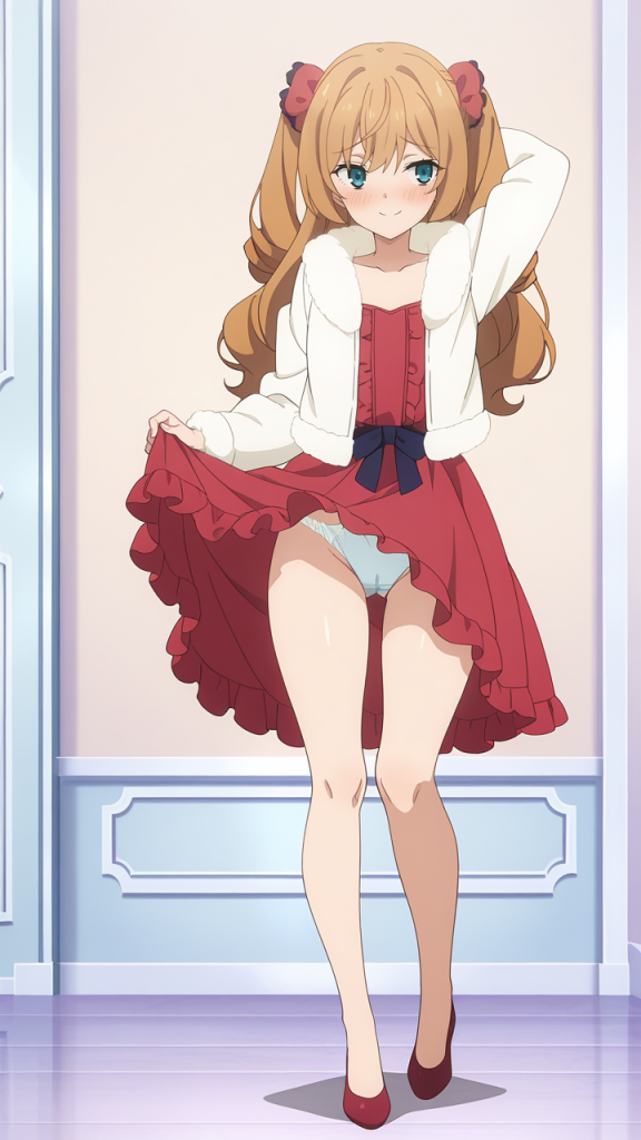 Isabelle Norton (Silent Witch). Anime girl in abito rosso e giacca bianca. Immagine erotica.
