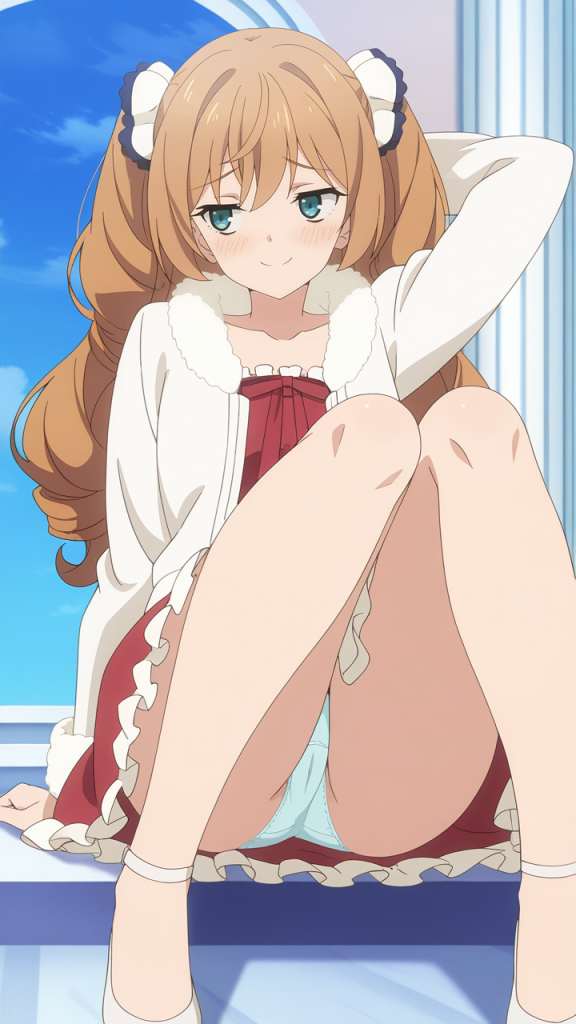 Isabelle Norton (Silent Witch). Anime girl seduta, vestito rosso, capelli biondi.