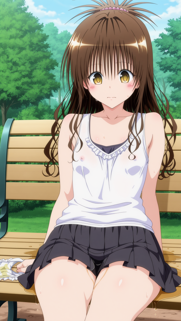 Anime To LOVE-Ru Mikan Yuuki. Ragazza seduta, minigonna, perdita di urina. Erotico, alta qualità.