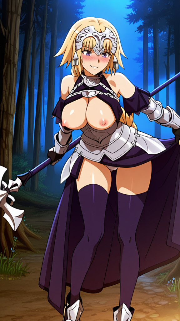 Ero-immagine AI di Jeanne d'Arc (Fate/Apocrypha). Guerriera bionda con armatura e lancia in un bosco.