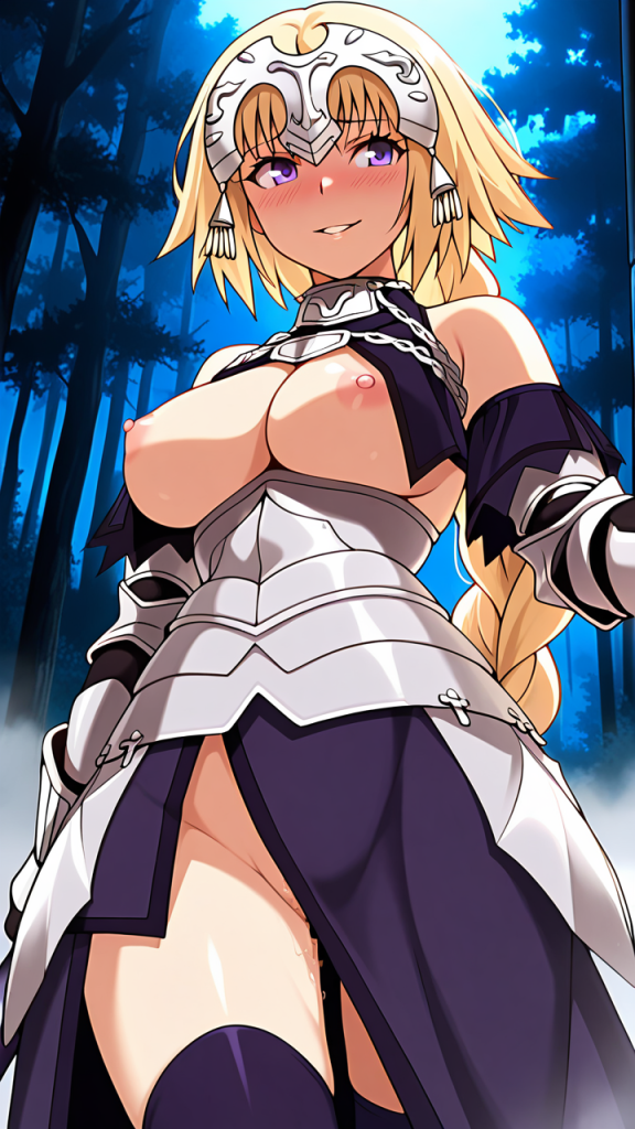 Ero-immagine AI di Jeanne d'Arc (Fate/Apocrypha). Armatura, capelli biondi, occhi viola.