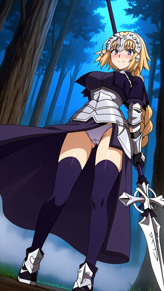 Fan art AI di Jeanne d'Arc da Fate/Apocrypha. Eroe anime in armatura con spada.