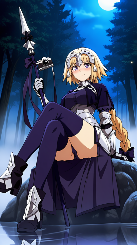 Fanart AI di Jeanne d'Arc (Fate/Apocrypha). Eroina anime con lancia e capelli biondi.