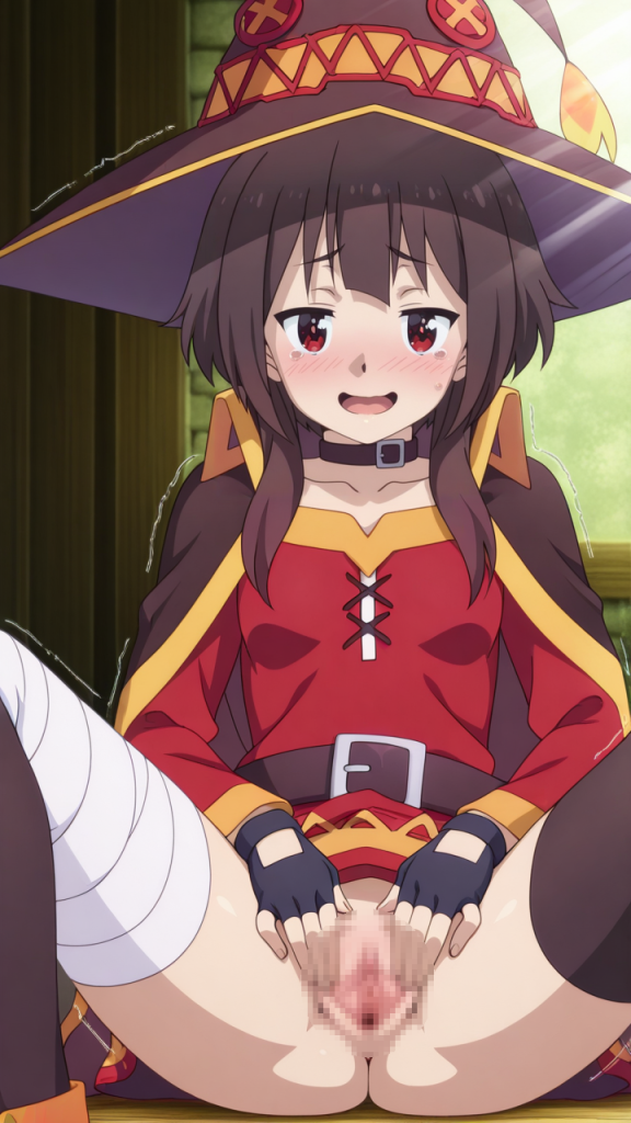 Megumin di Konosuba in posa osé. Anime girl con cappello e vestito rosso. NSFW fanart.