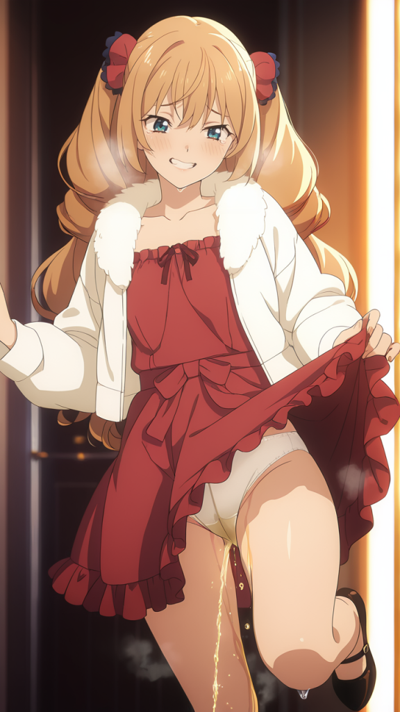 Anime Silent Witch: Isabel Norton fa pipì. Ragazza bionda, vestito rosso. Immagine AI.