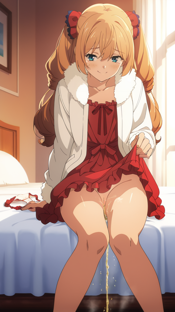 Anime Silent Witch Isabelle Norton fa pipì. Immagine AI erotica.