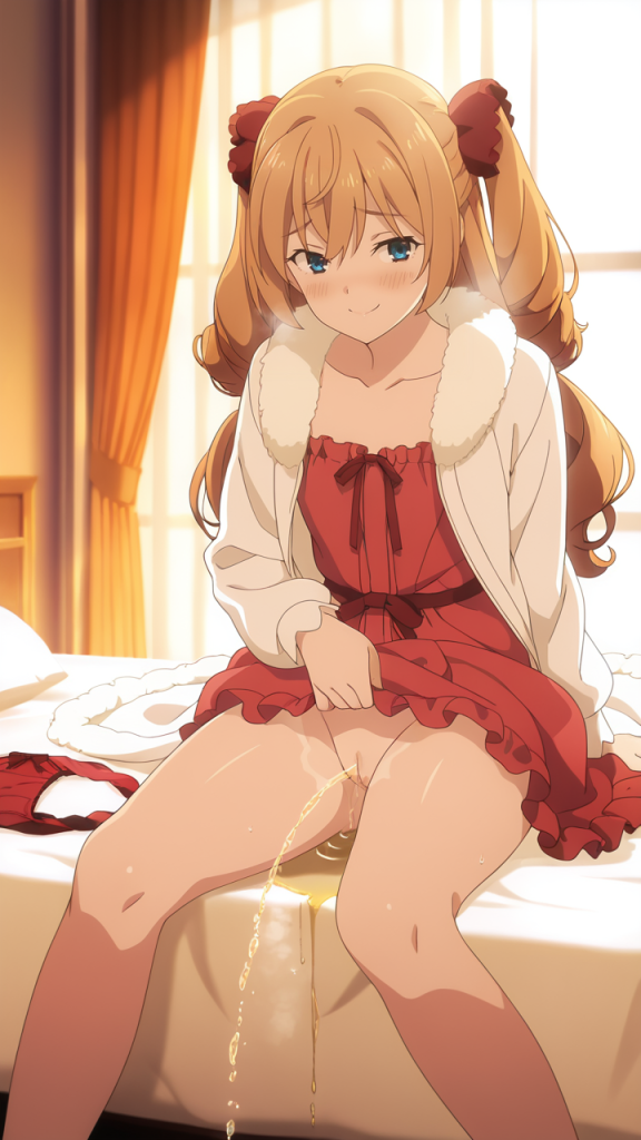Isabelle Norton (Silent Witch) fa pipì. Immagine AI, anime girl in vestito rosso.