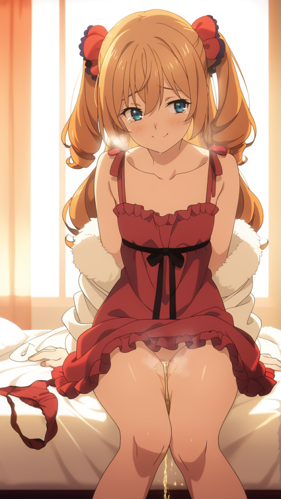 Isabelle Norton (Silent Witch) fa pipì. Anime girl con vestaglia rossa. Immagine AI.