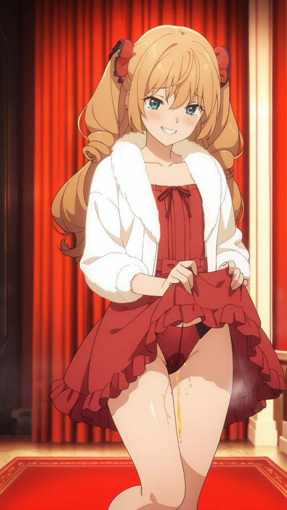 Isabelle Norton (Silent Witch) fa pipì. Anime girl bionda con vestito rosso.