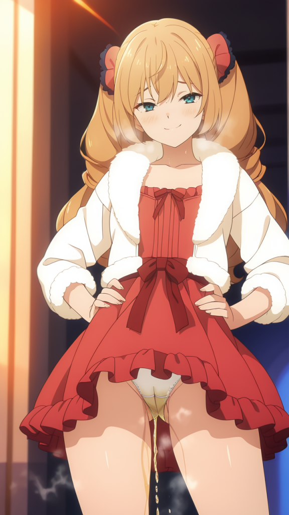 Isabelle Norton (Silent Witch) fa pipì. Anime girl bionda con vestito rosso. Immagine AI.