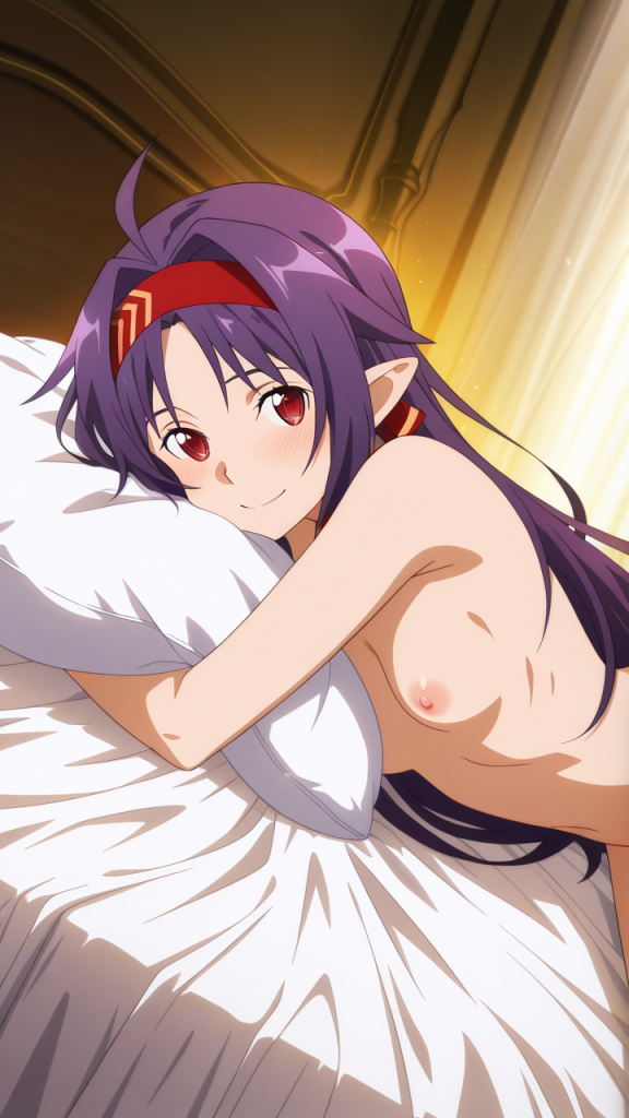 Yuuki Konno (Sword Art Online) erotica AI. Ragazza anime con capelli viola e occhi rossi a letto.