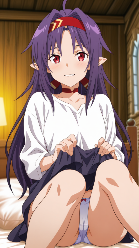 Yuuki Konno di Sword Art Online. Immagine AI di anime girl con capelli viola e occhi rossi.