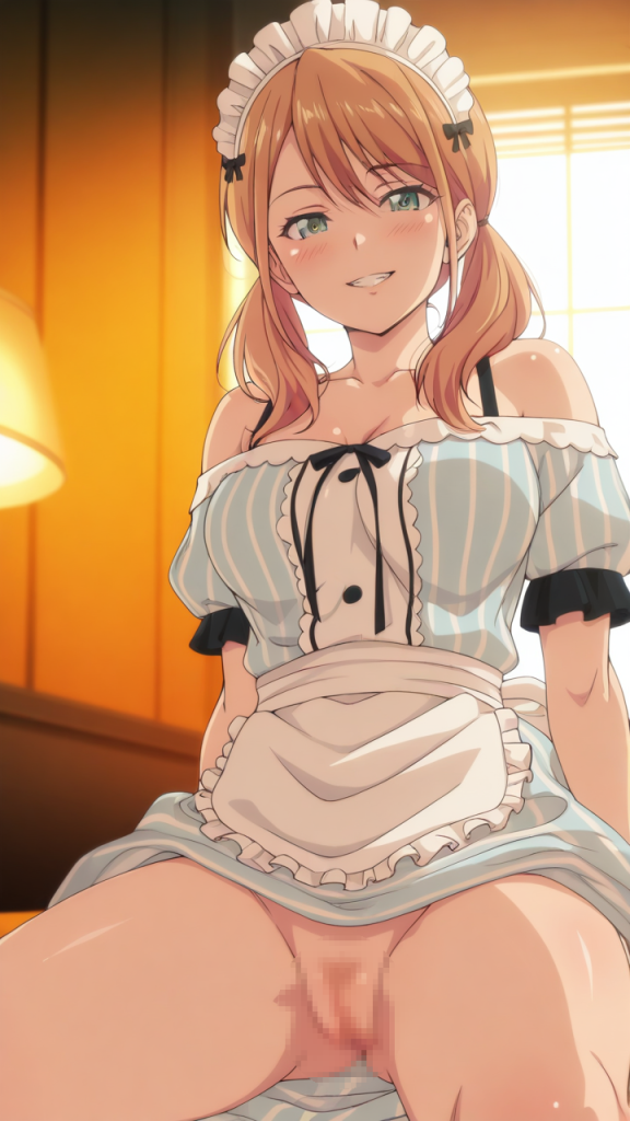 Anime Ero: Tsukishima Ryusei (女神のカフェテラス) in abito da cameriera. Immagine AI.