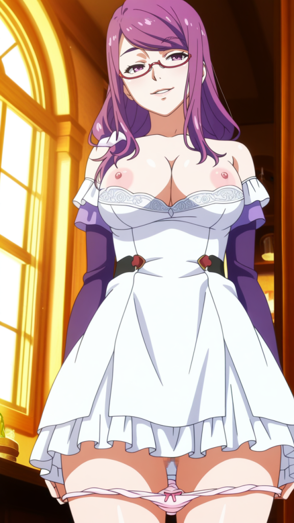 Ero-immagine AI di Rize Kamishiro (Tokyo Ghoul). Anime girl con abito bianco e lingerie rosa.