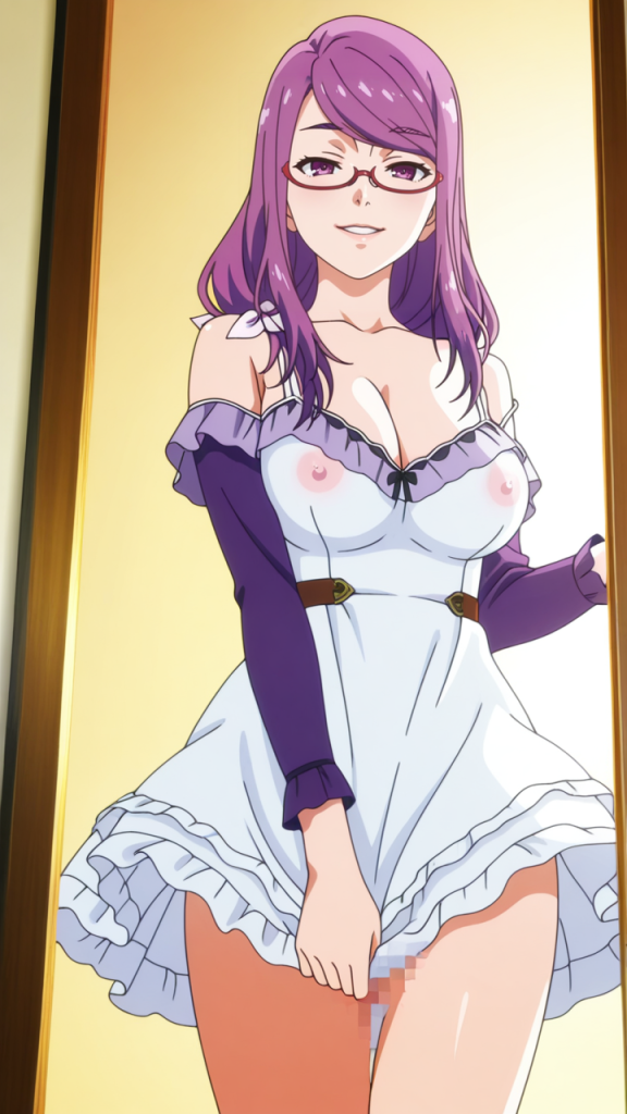 Ero-immagine AI di Rize Kamishiro (Tokyo Ghoul). Personaggio anime con occhiali e vestito bianco.