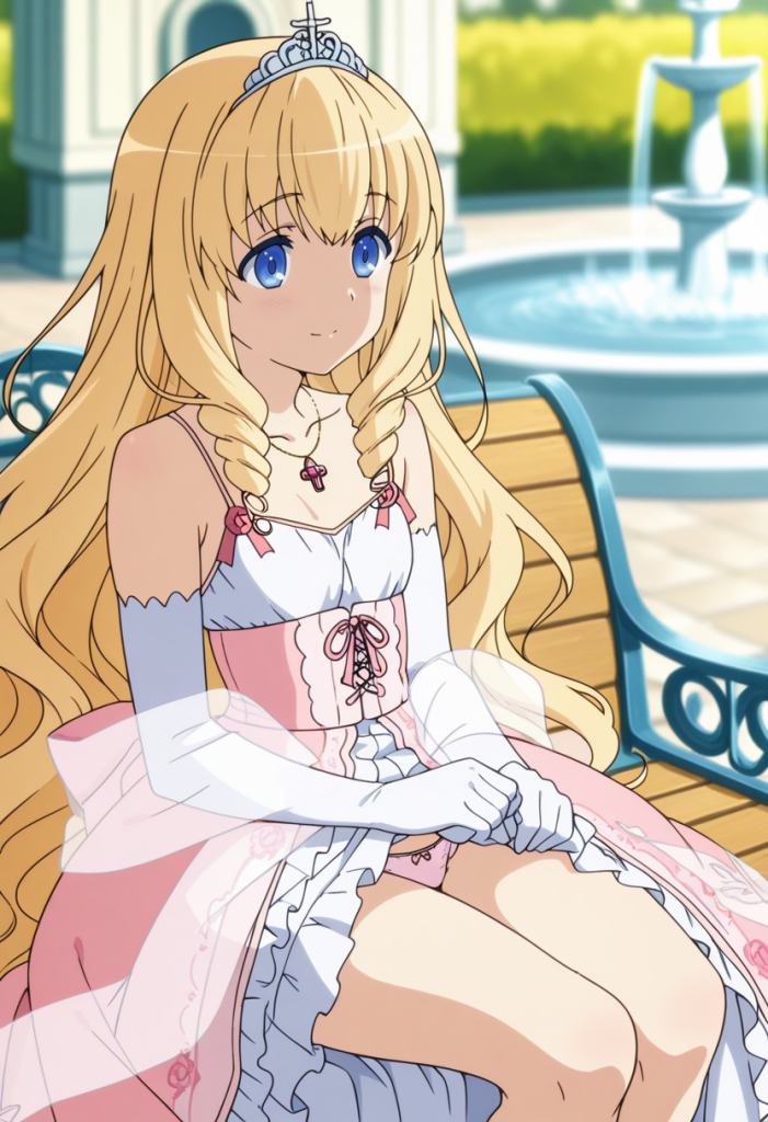Latifa Fleuranza di Amagi Brilliant Park. Immagine AI di anime con tiara e vestito rosa.