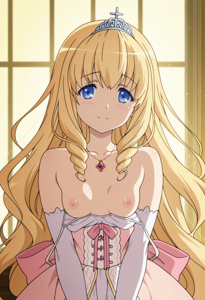 Latifa Fleuranza (Amagi Brilliant Park). Immagine AI, anime girl bionda con corona e vestito rosa.