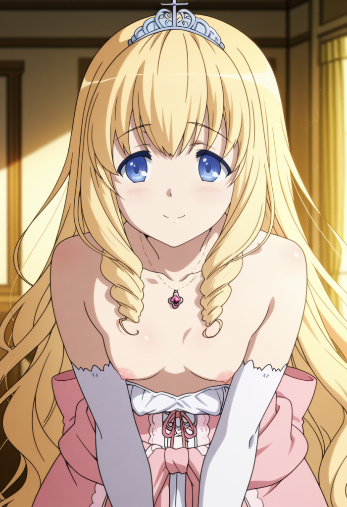 Latifa Fleuranza (Amagi Brilliant Park). Anime girl bionda con corona e vestito rosa.