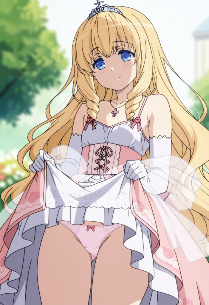 Latifa Fleuranza di Amagi Brilliant Park in lingerie rosa. Anime girl AI.
