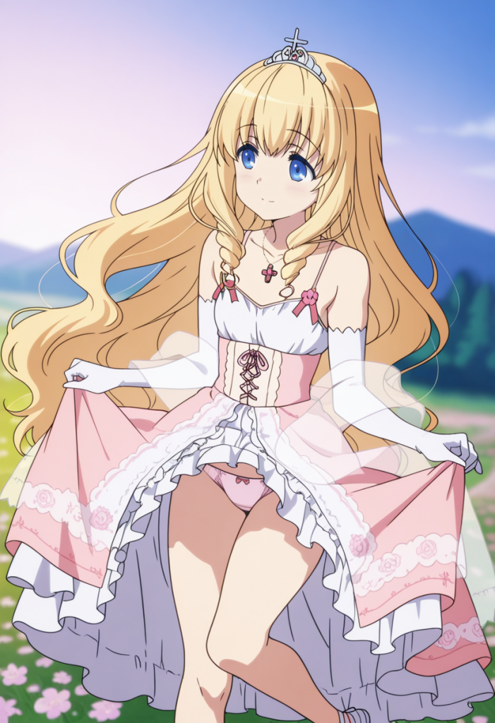 Latifa Fleuranza di Amagi Brilliant Park in abito rosa. Anime girl AI.