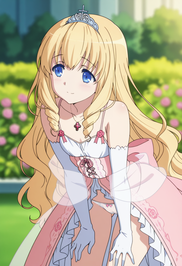 Latifa Fleuranza di Amagi Brilliant Park, anime girl bionda con corona e abito rosa.