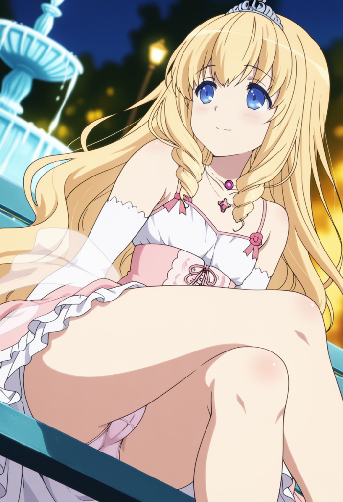 Latifa Fleuranza di Amagi Brilliant Park, anime AI, in abito rosa. Immagine erotica.