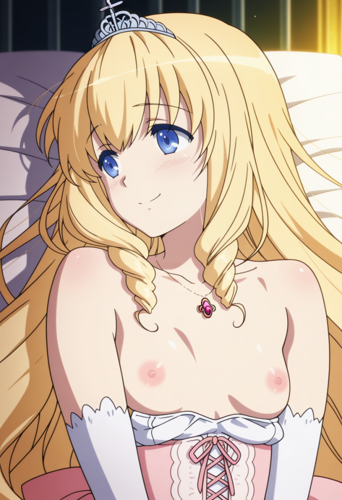 Latifa Fleuranza (Amagi Brilliant Park) AI: bionda con diadema, occhi azzurri. Immagine erotica.