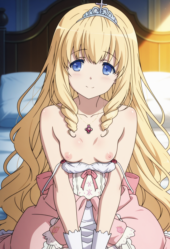 Latifa Fleuranza (Amagi Brilliant Park) in abito rosa. Immagine AI.