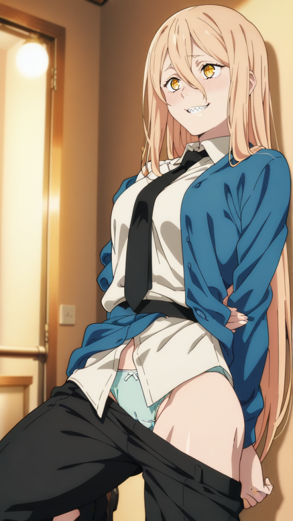 Power di Chainsaw Man in stile AI. Eroguro anime girl con canini affilati.